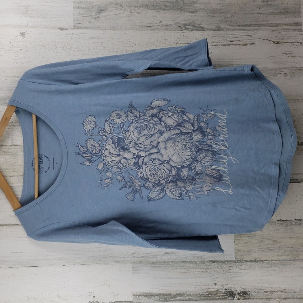 Lucky Brand blue 3/4 sleeve tshirt hummingbird flowers Size Large